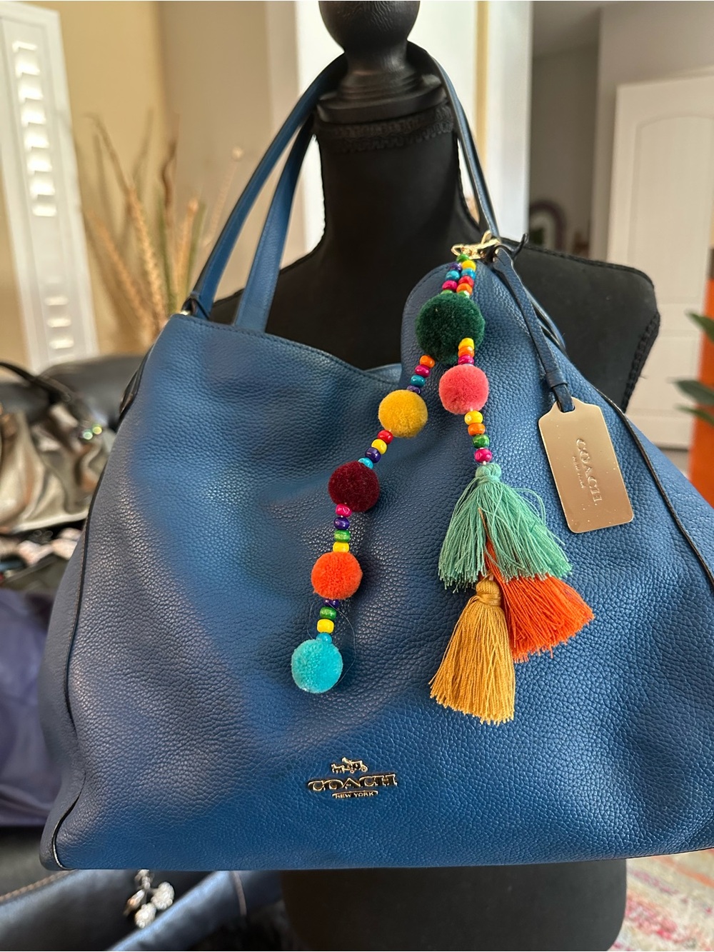 Coach Hadley Blue Pebble Leather Hobo  Bag with Multicolor Tassel
